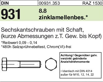 REM.M20X110DIN931-8.8/VERZ. DE Hex. Bolt (Replace Plasser M20X110DIN931-8.8/VERZ.) 